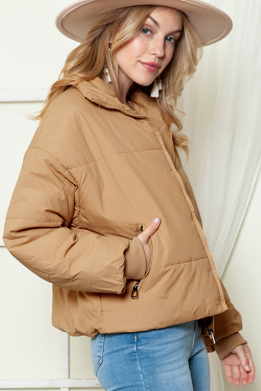 Moss Green Solid Zip Up Pocketed Puffer Coat