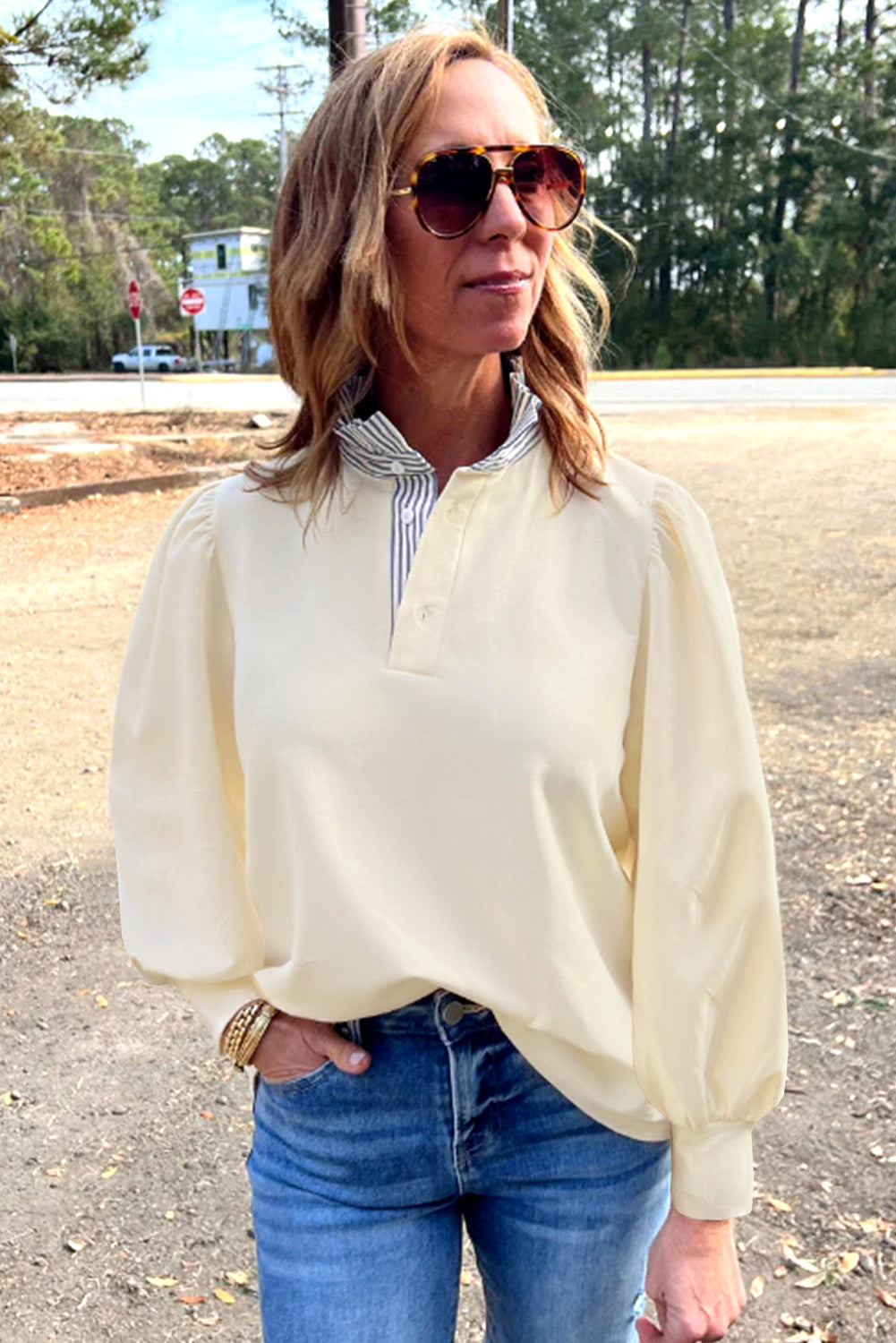 Bonbon Striped Collar Puff Sleeve Sweatshirt