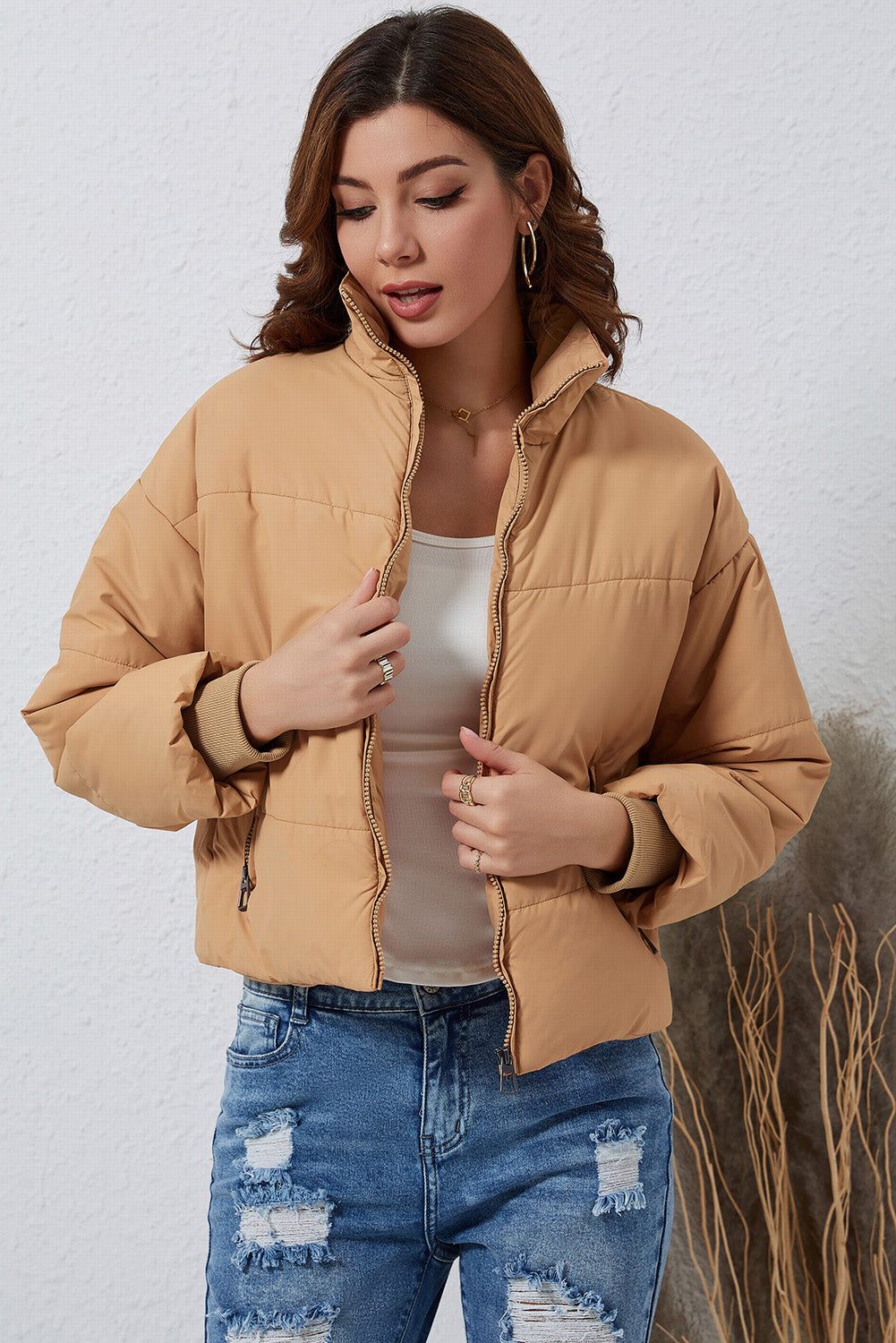 Moss Green Solid Zip Up Pocketed Puffer Coat
