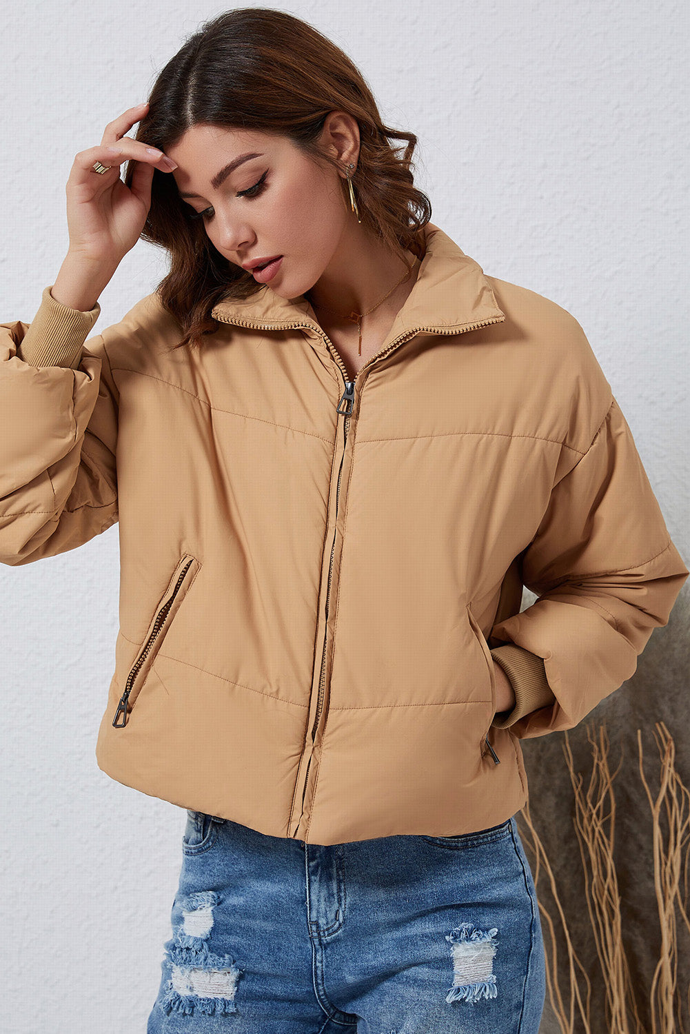 Moss Green Solid Zip Up Pocketed Puffer Coat