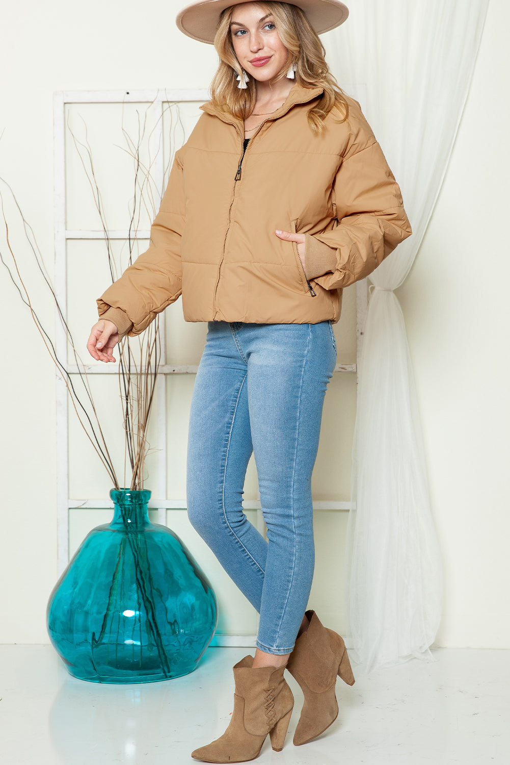 Moss Green Solid Zip Up Pocketed Puffer Coat