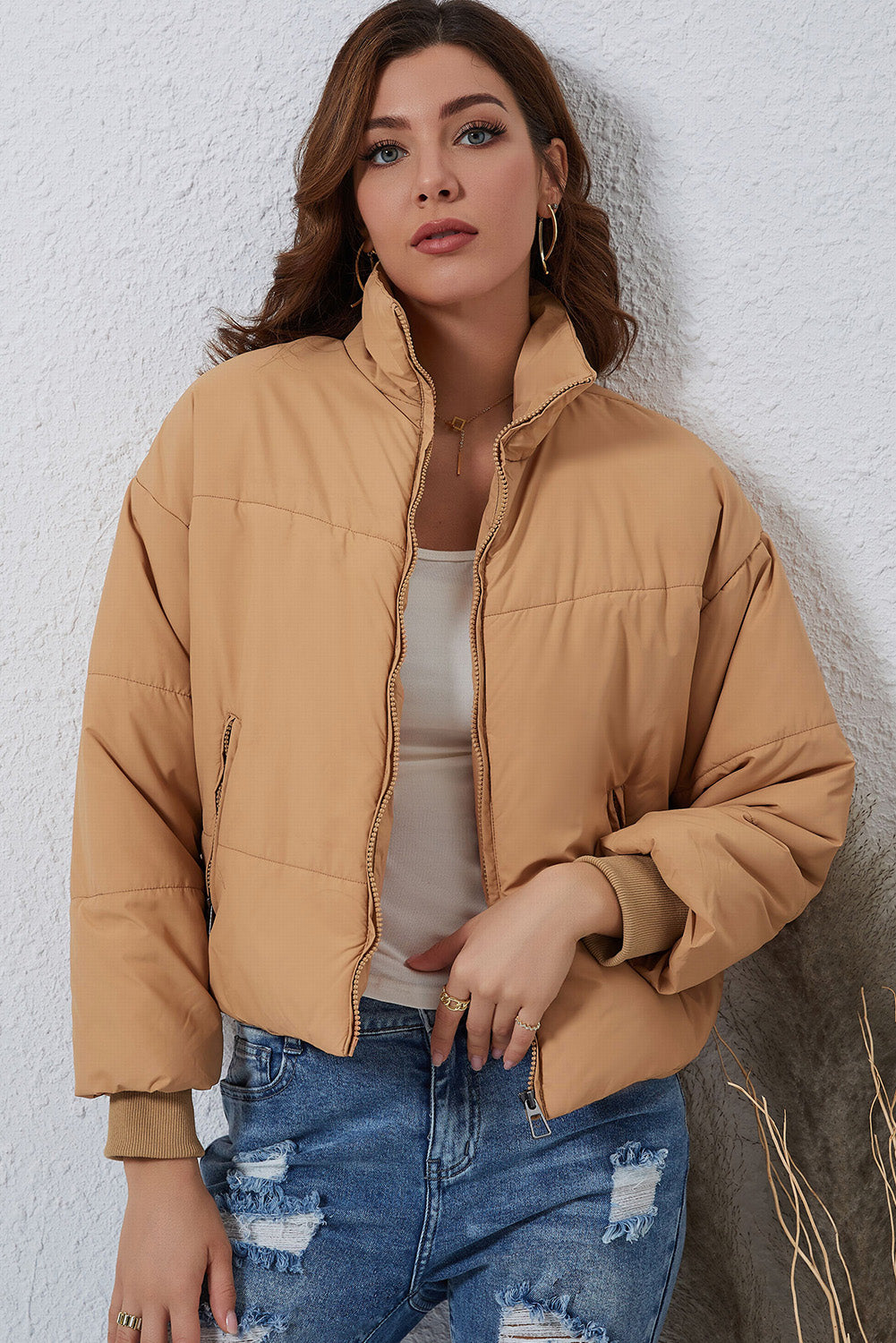 Moss Green Solid Zip Up Pocketed Puffer Coat