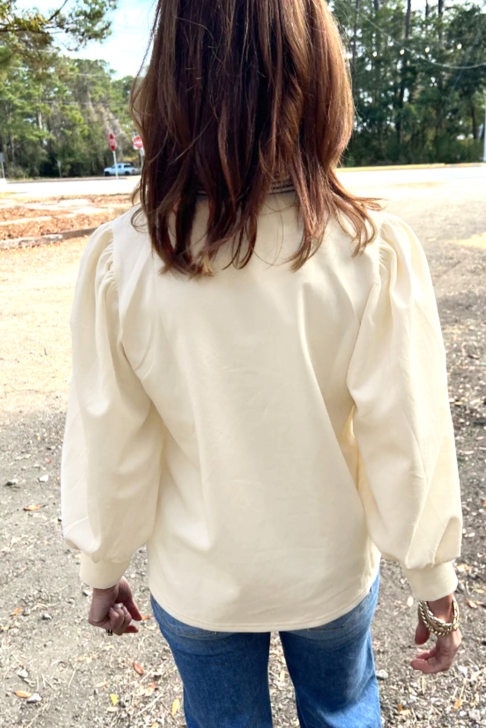 Bonbon Striped Collar Puff Sleeve Sweatshirt