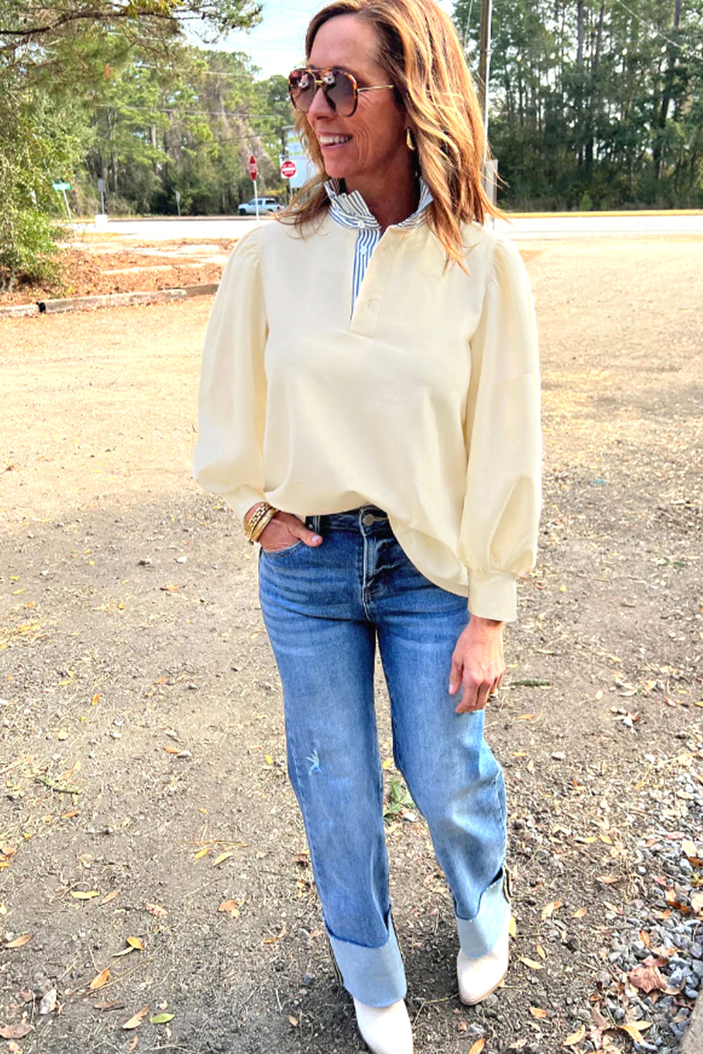 Bonbon Striped Collar Puff Sleeve Sweatshirt