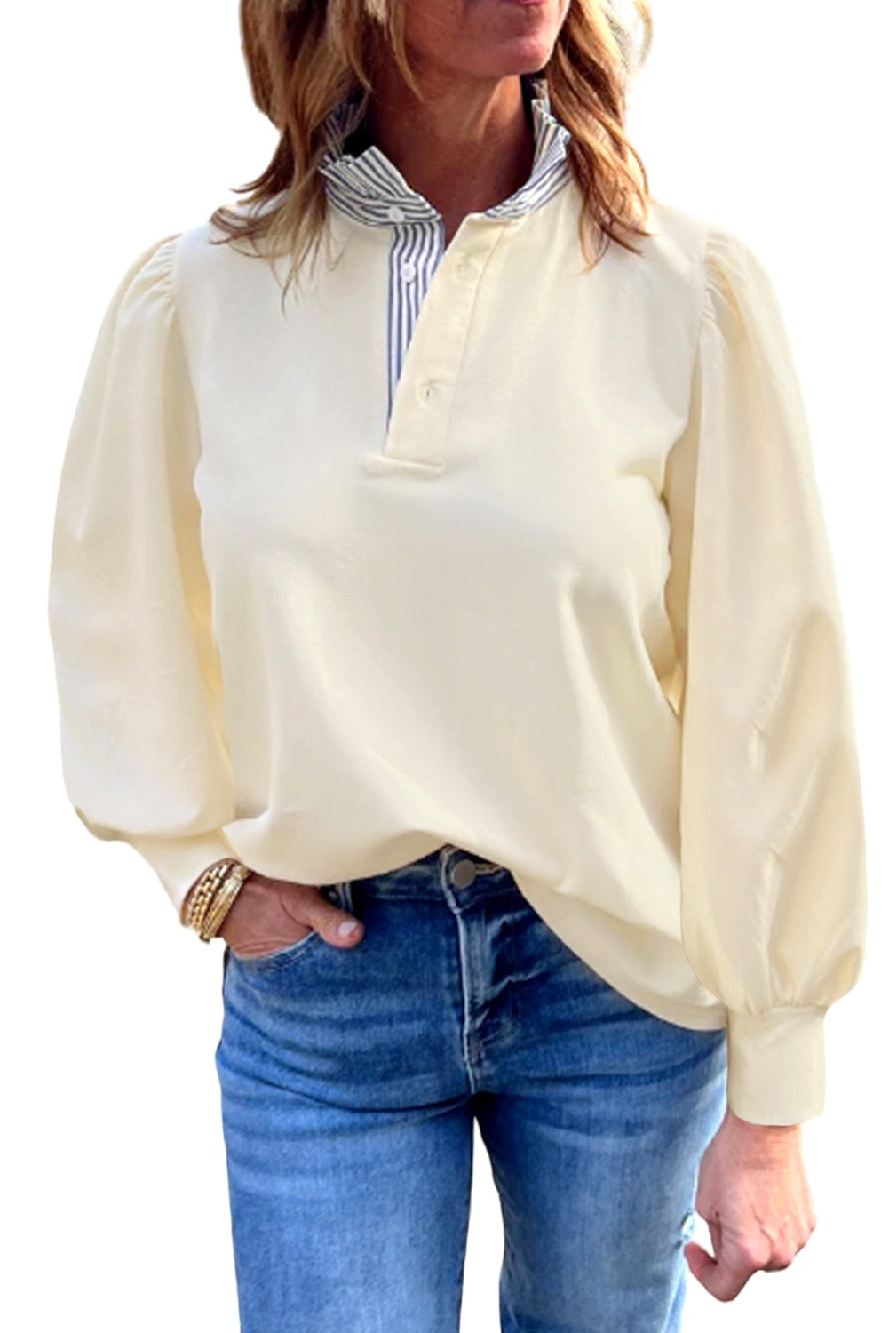 Bonbon Striped Collar Puff Sleeve Sweatshirt