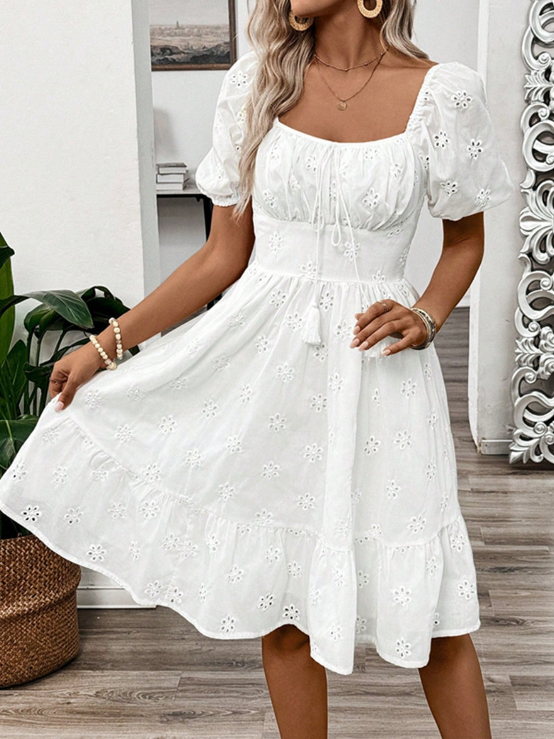 Smocked Eyelet Square Neck Puff Sleeve Mini Dress