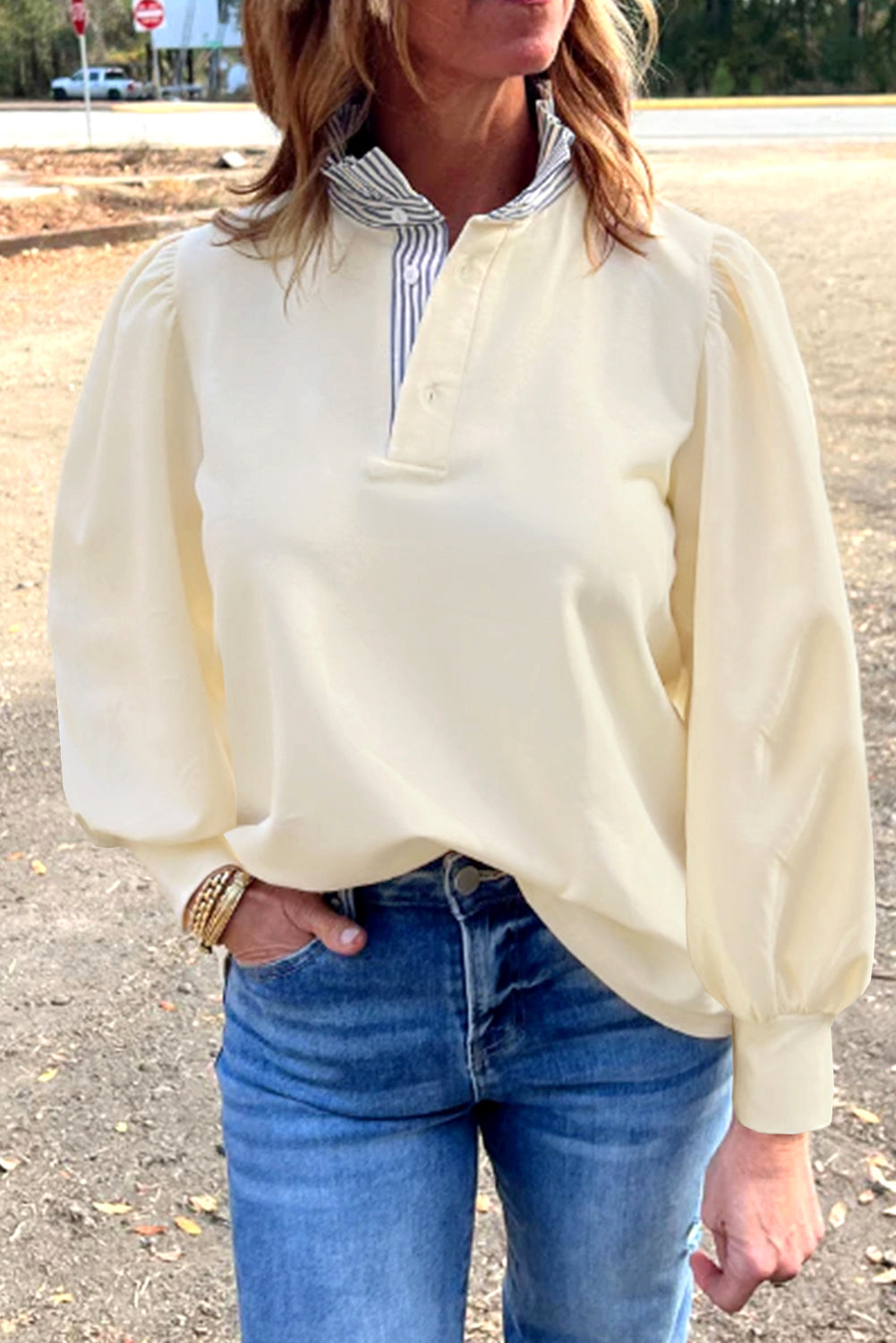 Bonbon Striped Collar Puff Sleeve Sweatshirt