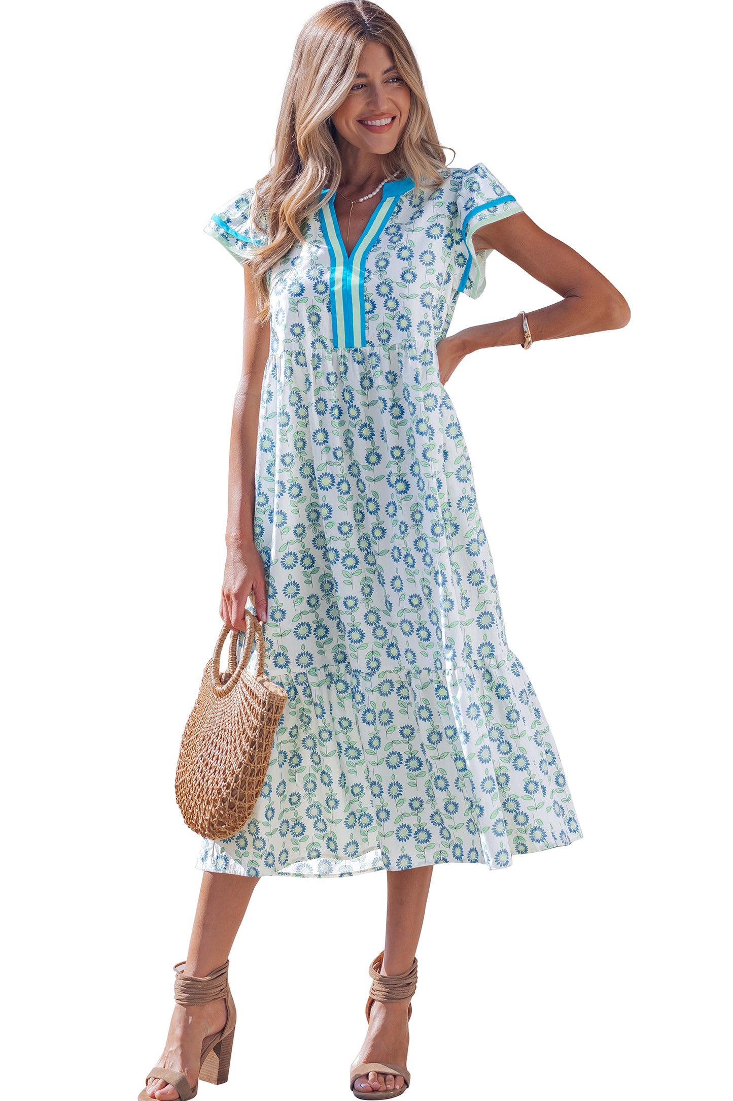 Red Cute Sunflower Printed Striped Patchwork Trim Flutter Sleeve Long Dress