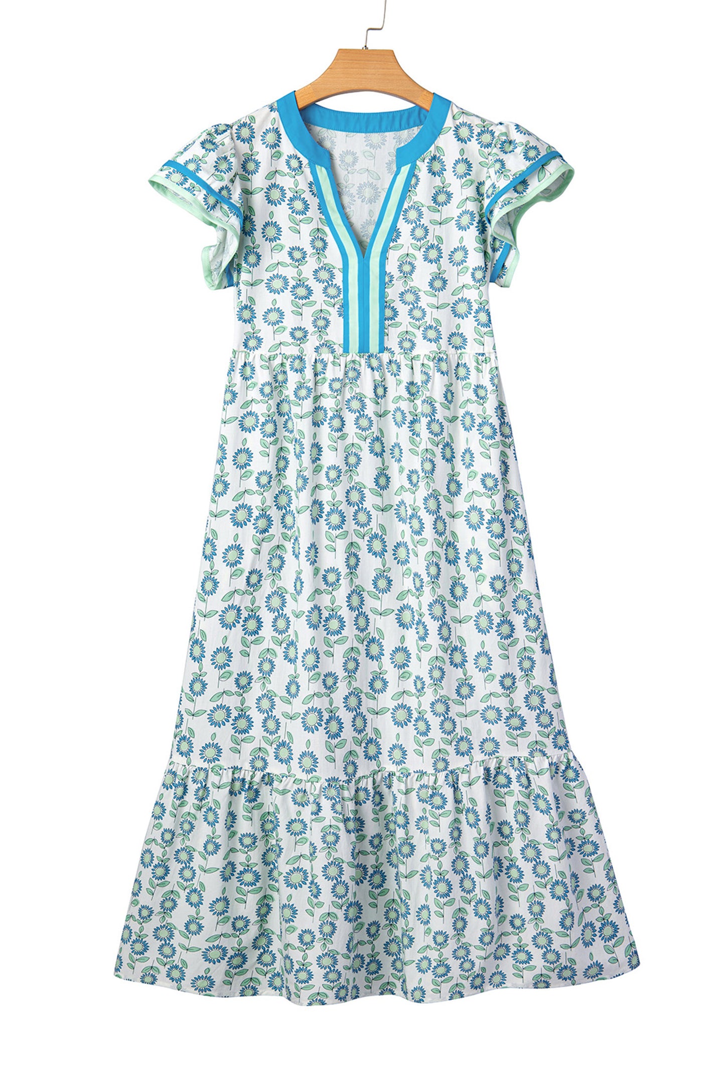 Red Cute Sunflower Printed Striped Patchwork Trim Flutter Sleeve Long Dress