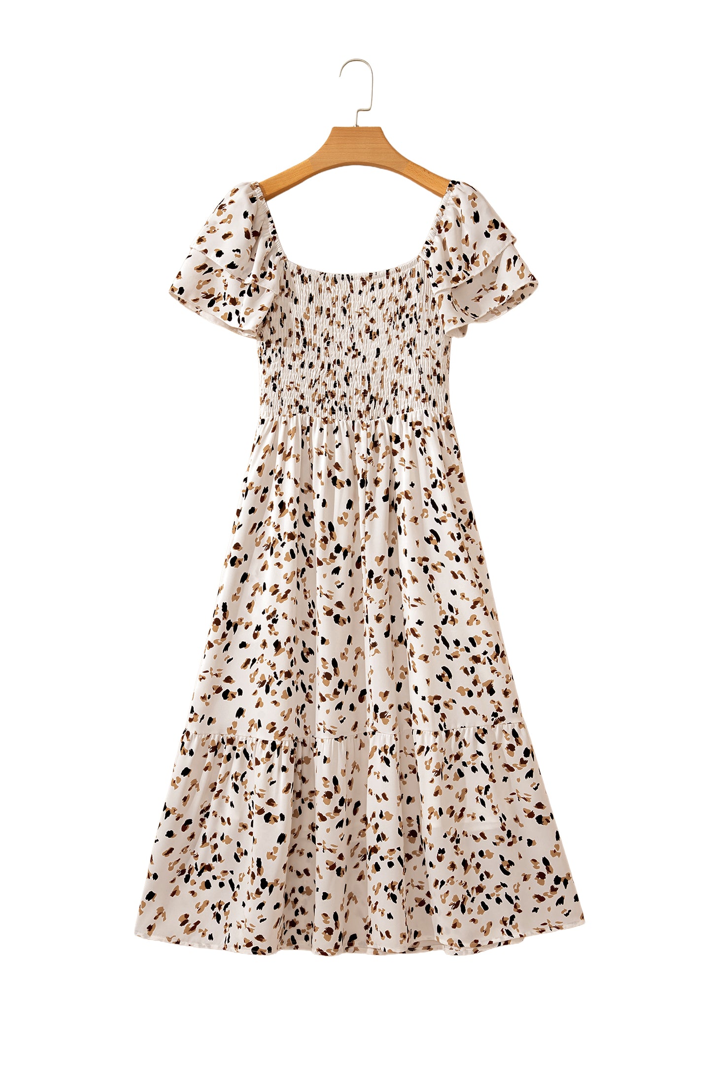 Blue Ditsy Floral Print Smocked Square Neck Ruffle Short Sleeve Dress