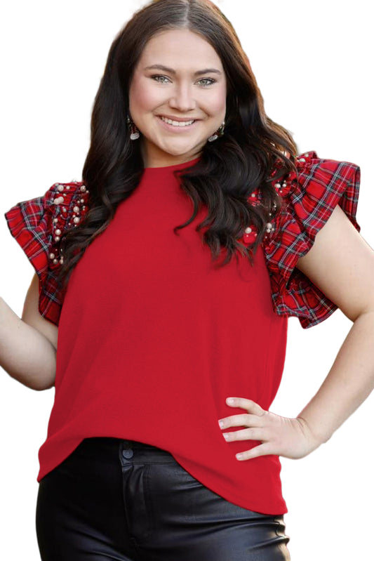 Racing Red Plaid Pearl Ruffled Sleeve Knitted Christmas Holiday Plus Size Top
