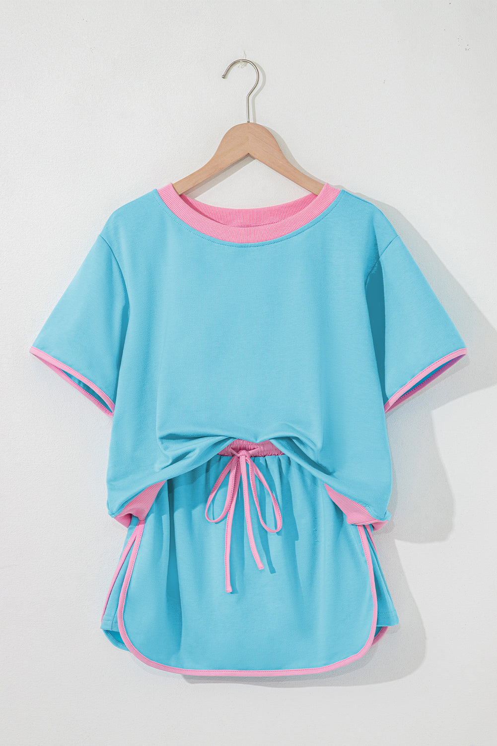 Turquoise Colorblock Edge Drop Shoulder T Shirt and Skort Set