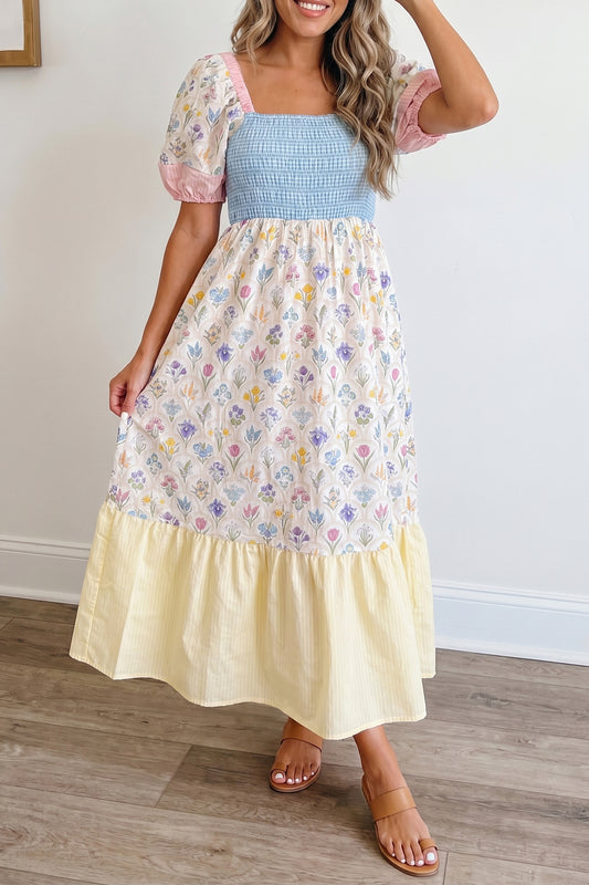 Multicolor Floral Print Striped Color Block Patchwork Square Neck Shirred Long Dress