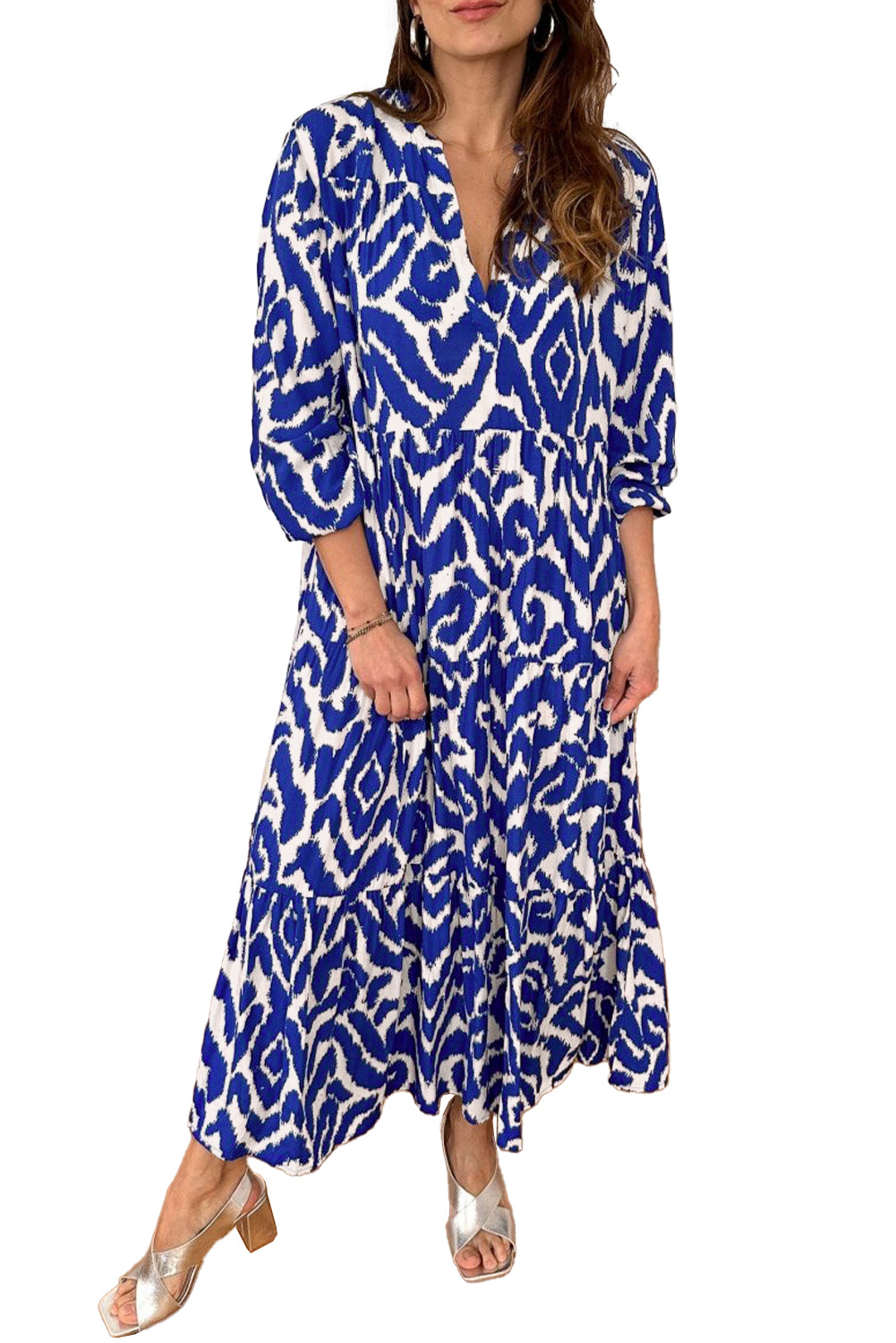 Black Abstract Geometric Printed V Neck Maxi Dress