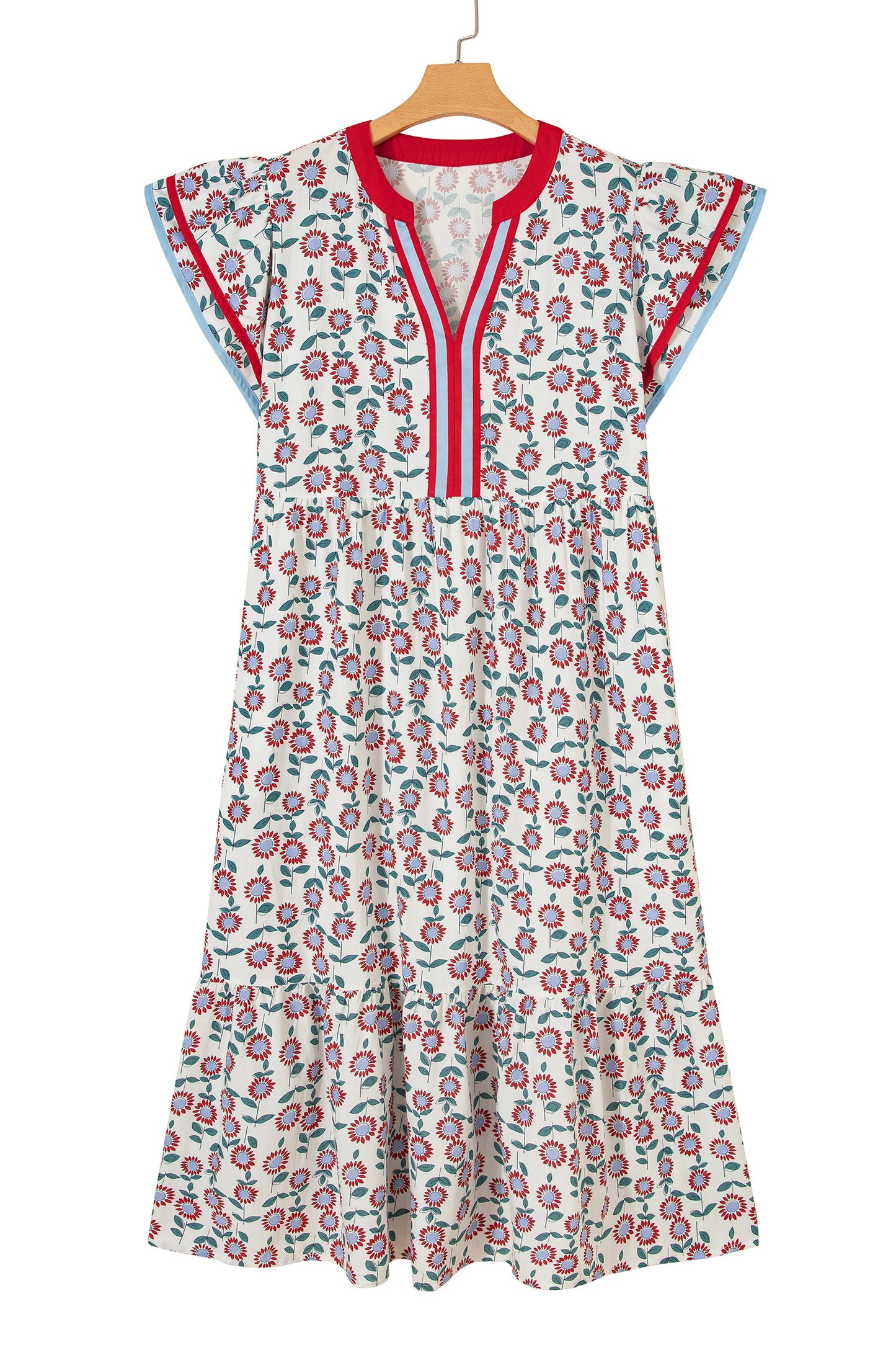Red Cute Sunflower Printed Striped Patchwork Trim Flutter Sleeve Long Dress
