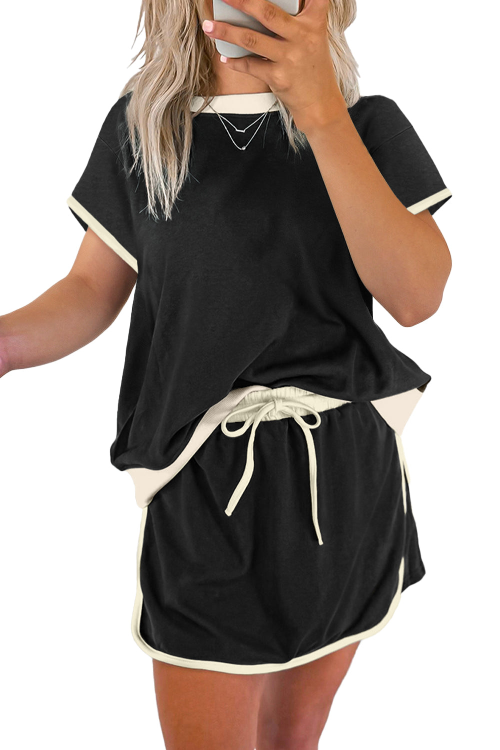 Turquoise Colorblock Edge Drop Shoulder T Shirt and Skort Set