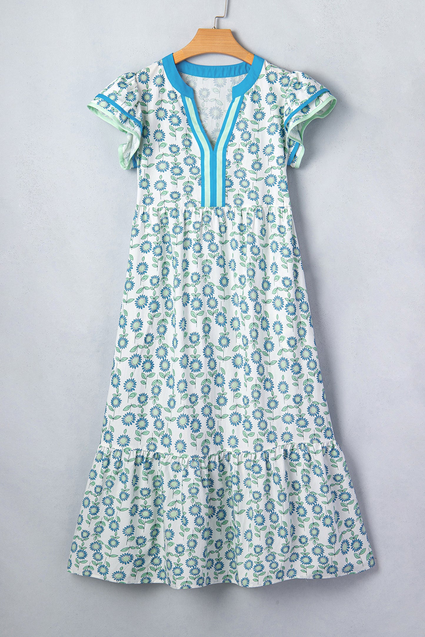 Red Cute Sunflower Printed Striped Patchwork Trim Flutter Sleeve Long Dress