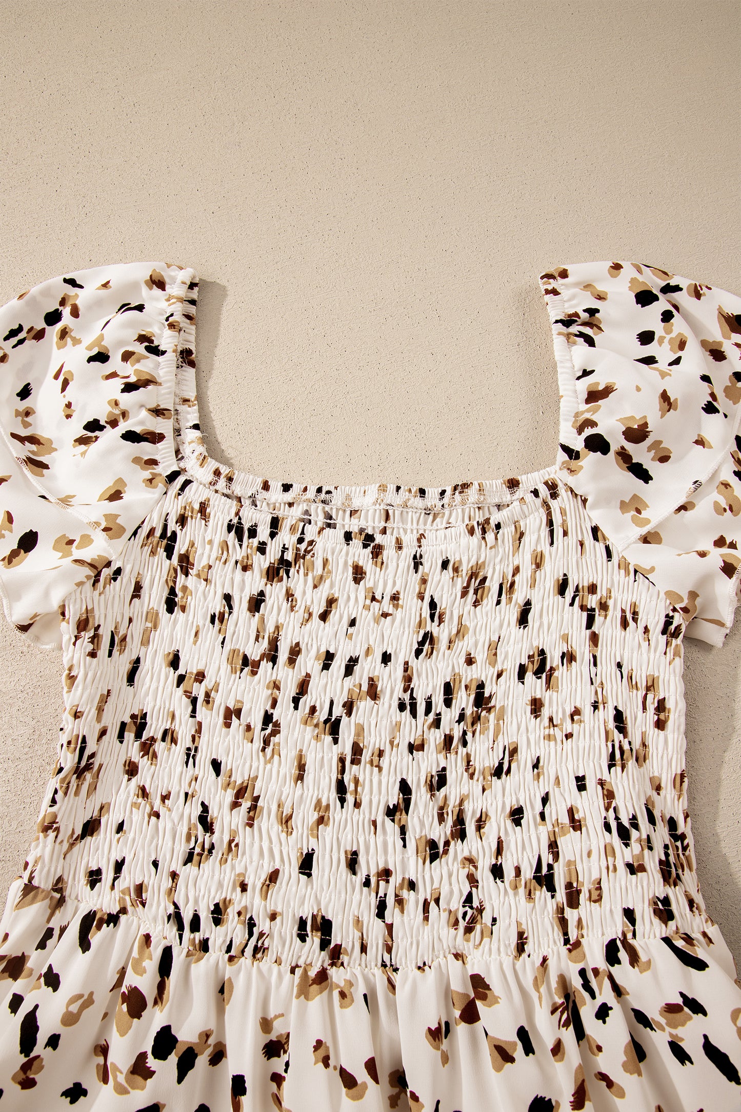 Blue Ditsy Floral Print Smocked Square Neck Ruffle Short Sleeve Dress