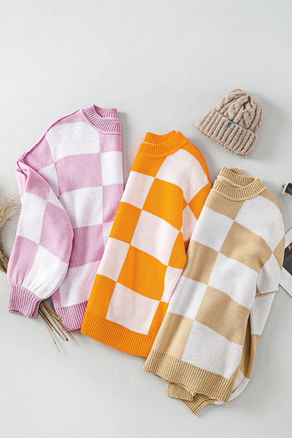 Rose Checkered Bishop Sleeve Pullover Sweater