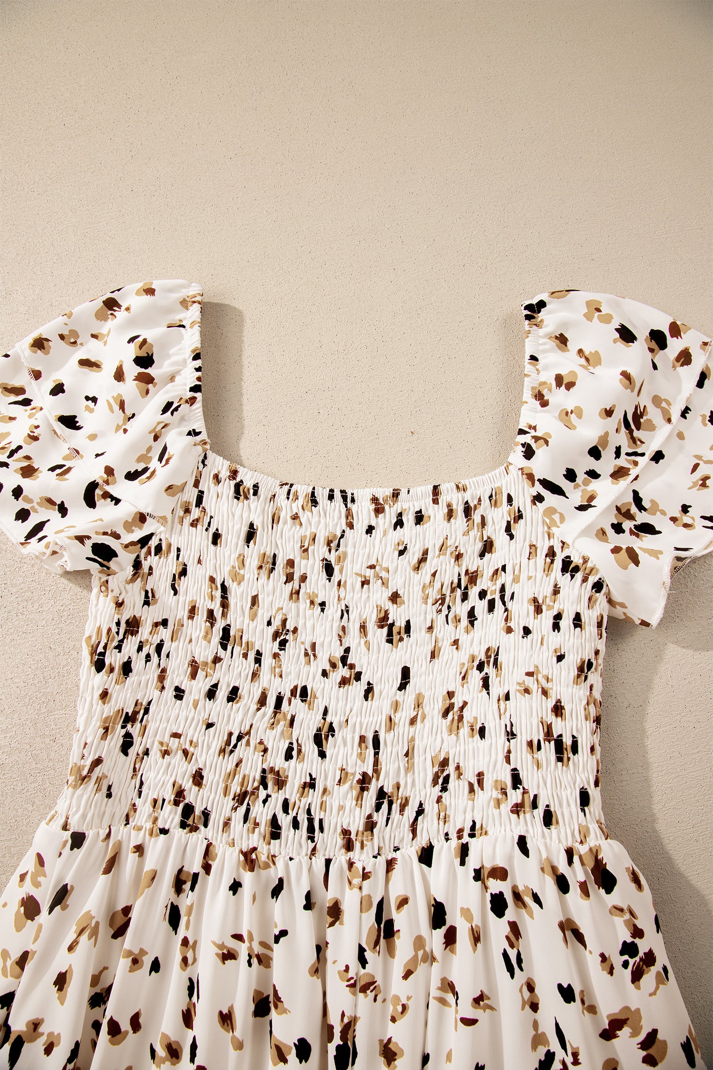Blue Ditsy Floral Print Smocked Square Neck Ruffle Short Sleeve Dress