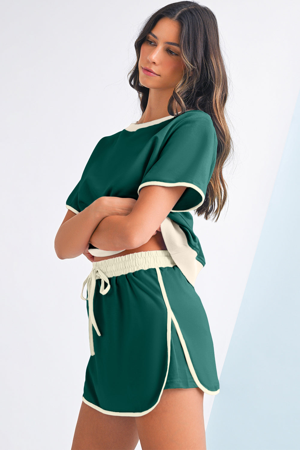 Turquoise Colorblock Edge Drop Shoulder T Shirt and Skort Set