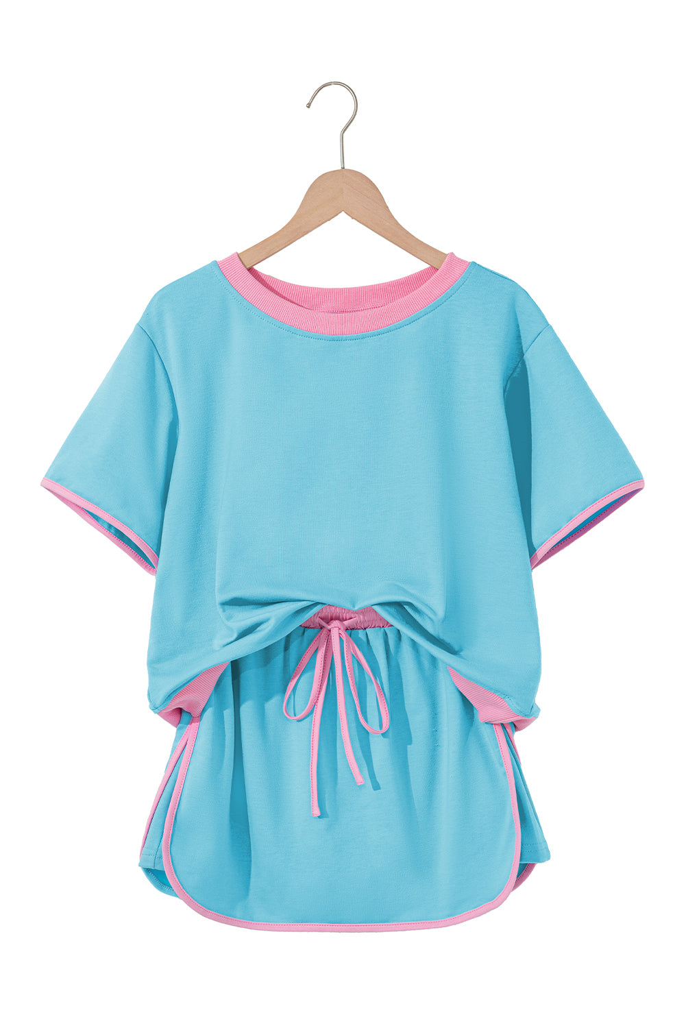 Turquoise Colorblock Edge Drop Shoulder T Shirt and Skort Set