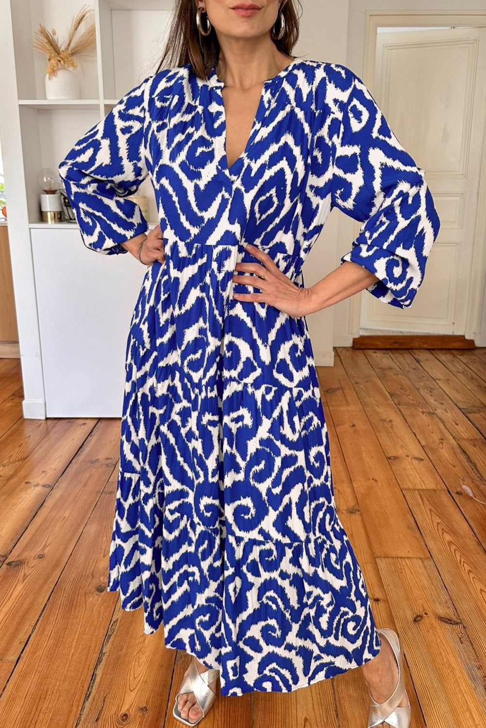 Black Abstract Geometric Printed V Neck Maxi Dress
