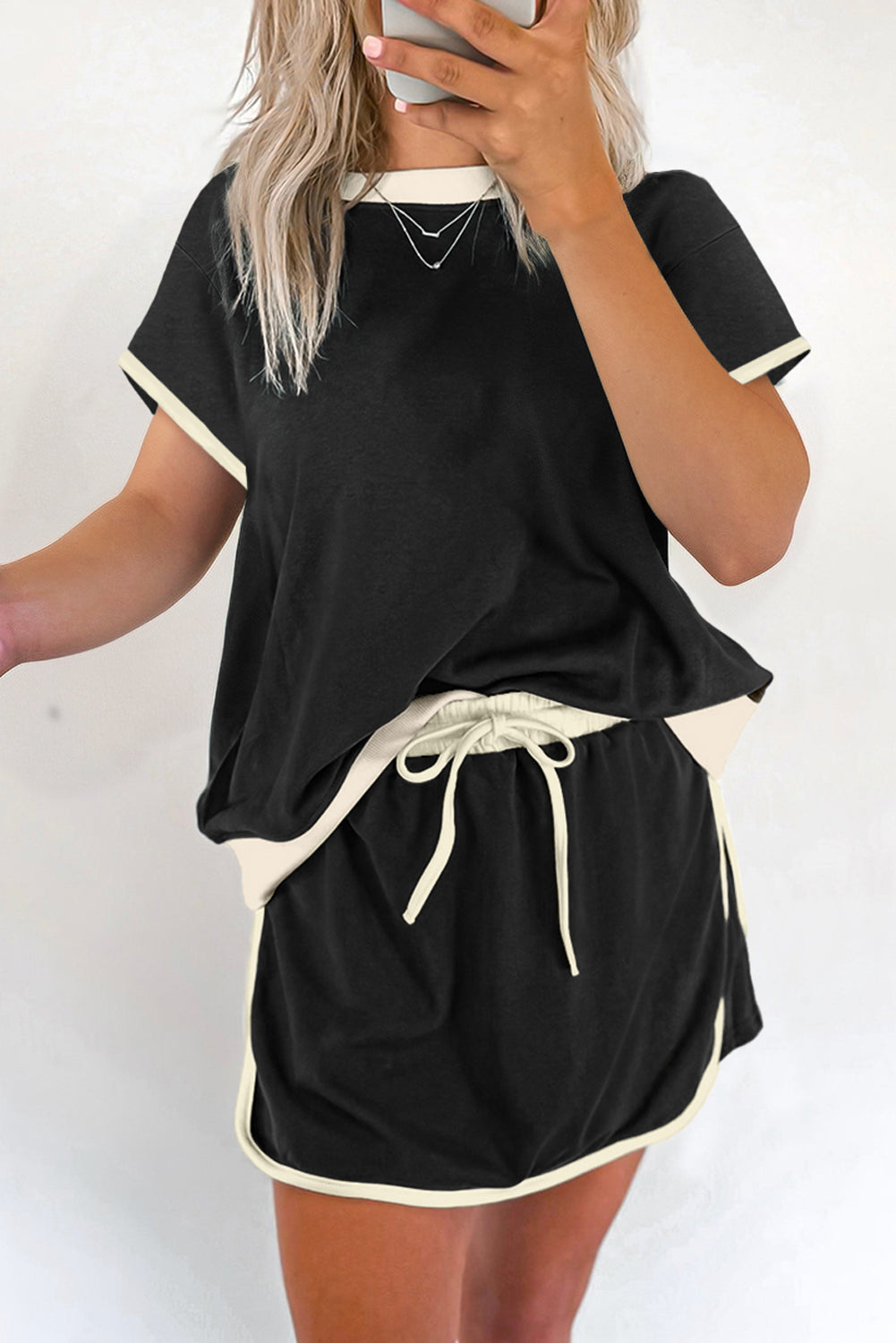 Turquoise Colorblock Edge Drop Shoulder T Shirt and Skort Set