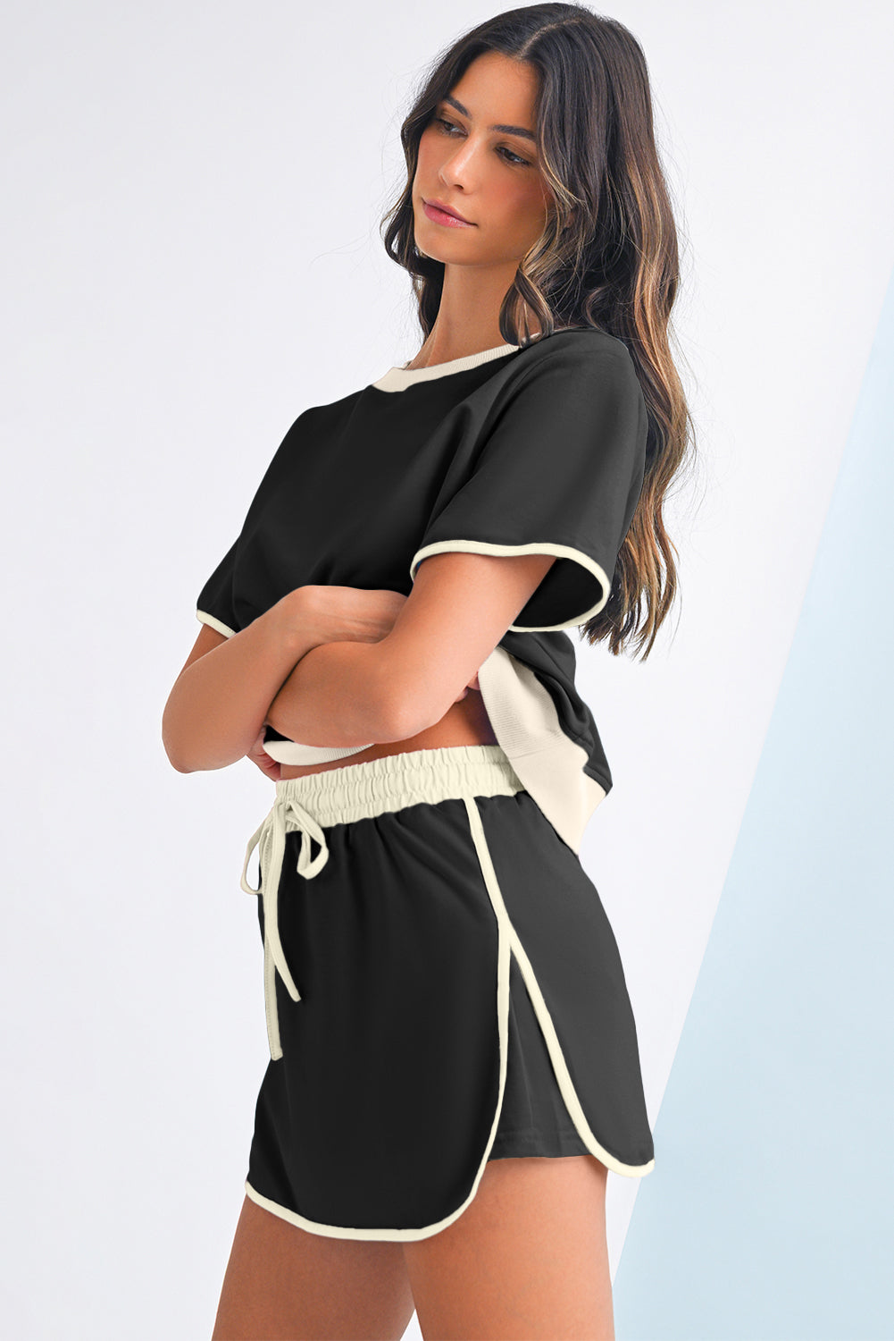Turquoise Colorblock Edge Drop Shoulder T Shirt and Skort Set